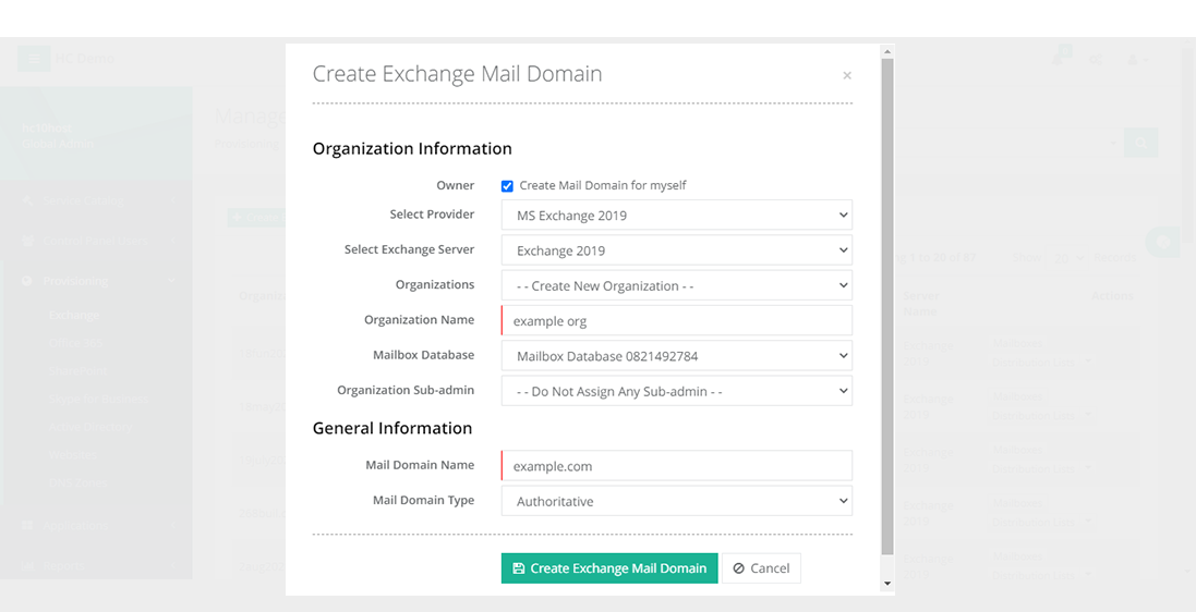 Create Exchange Mail Domain