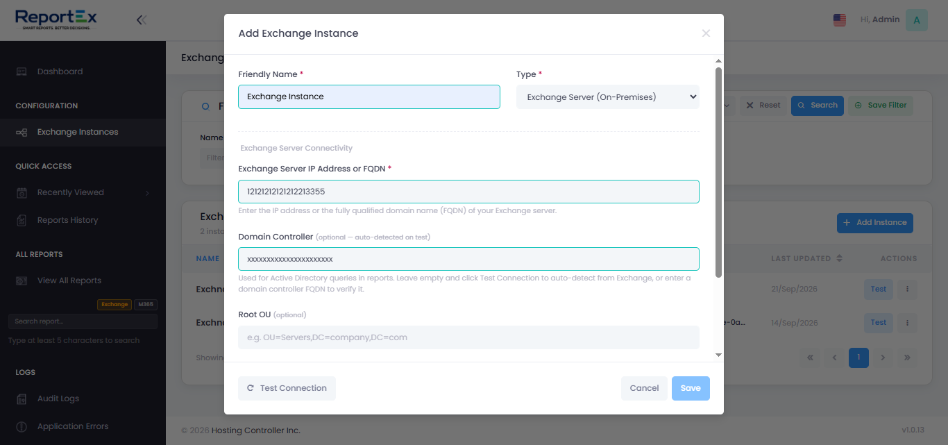 ReportEx add Exchange Server instance screen