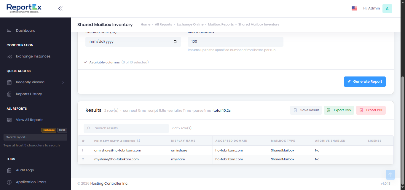 ReportEx report result view for Exchange Online Microsoft 365
