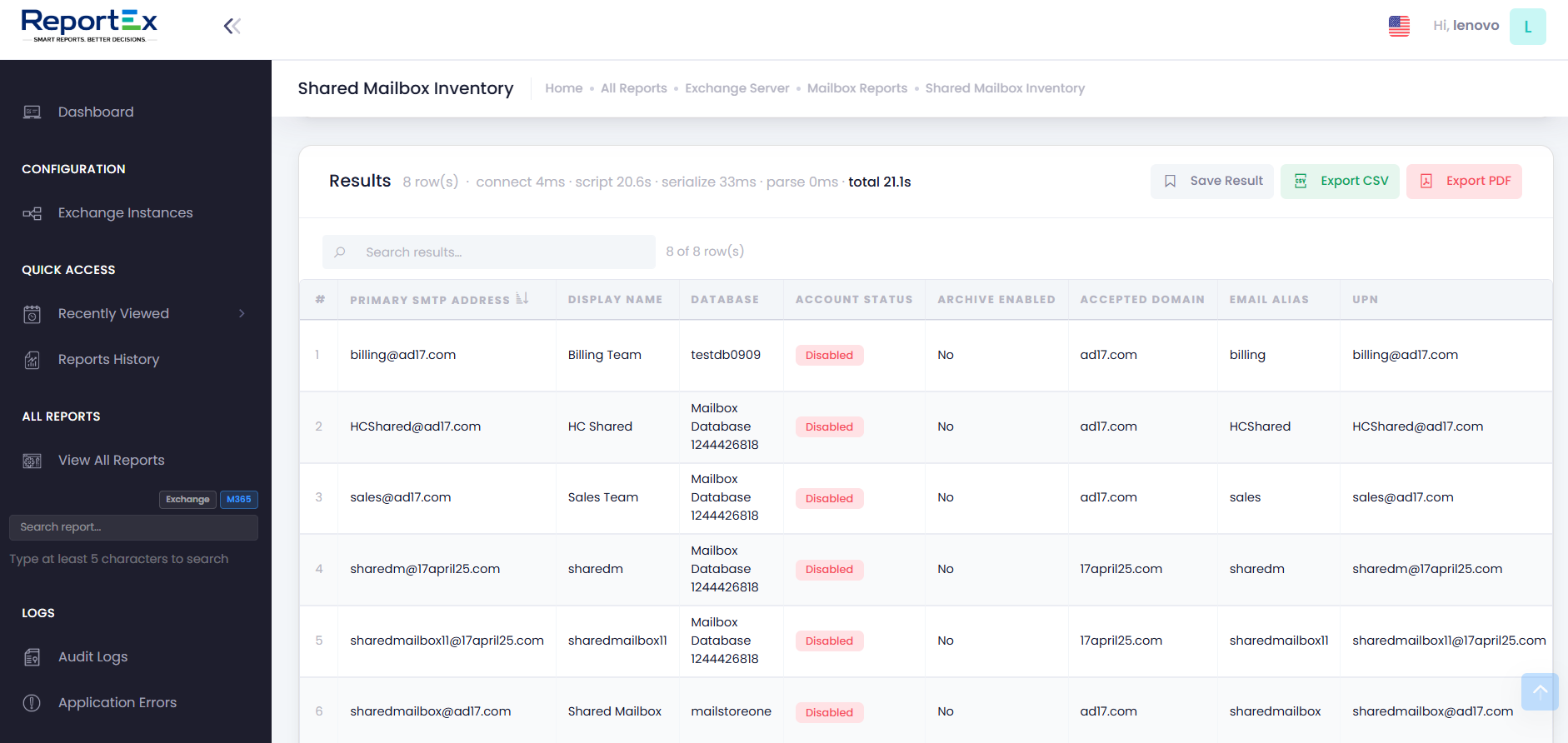 ReportEx report result view for Exchange On-Prem server